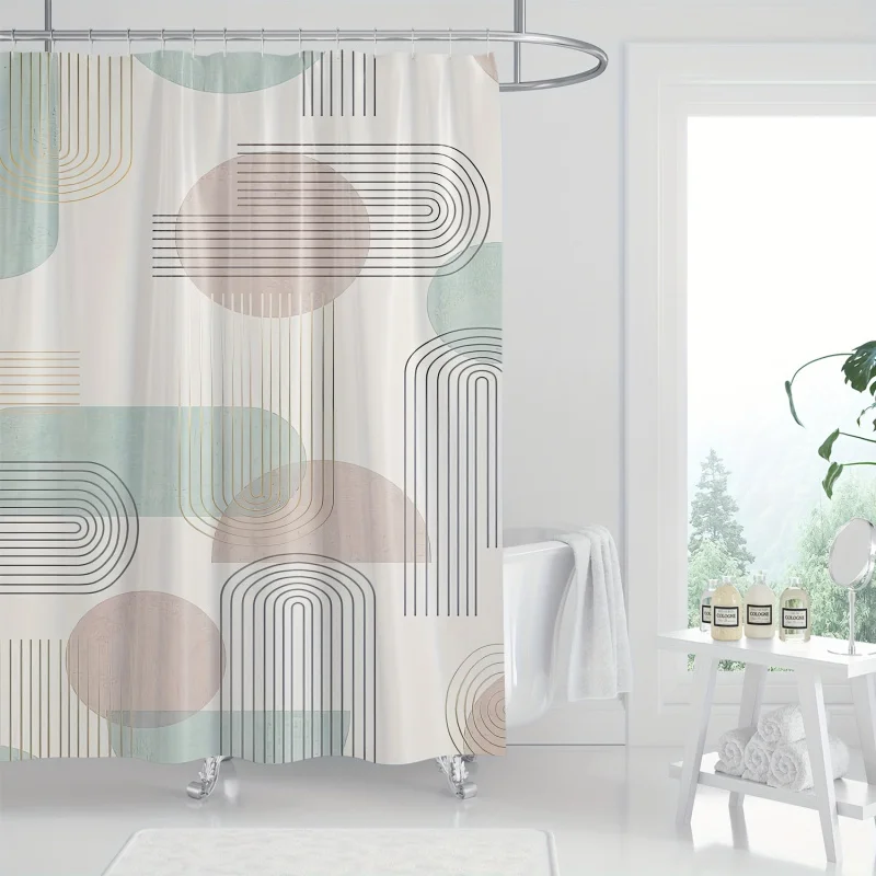 Chic Brown & Green Striped Shower Curtain with Hooks - Waterproof, Machine Washable Polyester Bathroom Decor by YWJHUI