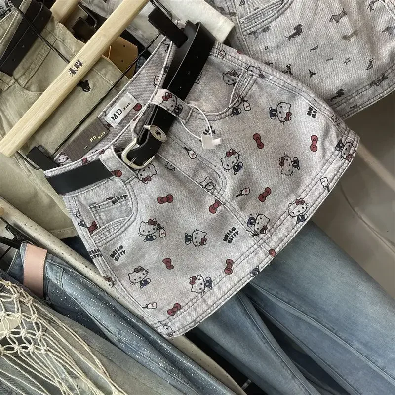 2026 Anime Hello Kitty Bow Printed Denim Skirt for Women Spring Summer New Hip Wrapping Fashion Mini Skirt Kawaii Cute Gift Ins - view 2