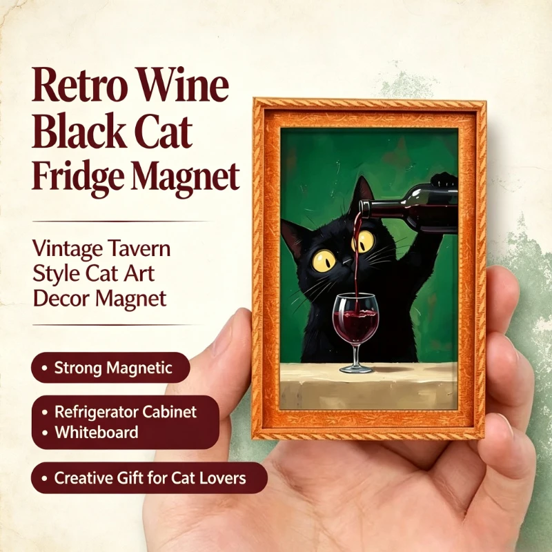 2Pcs Vintage Tavern Black Cat Fridge Magnet Retro Wine Themed Decor Magnetic Sticker