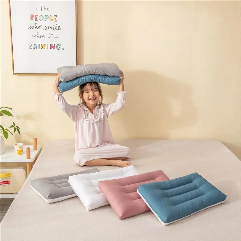 Solid Color Pure Cotton Children's Pillow Student Soft Comfortable Protect Neck Pillow Single Home Pearl Cotton Core Low Pillow