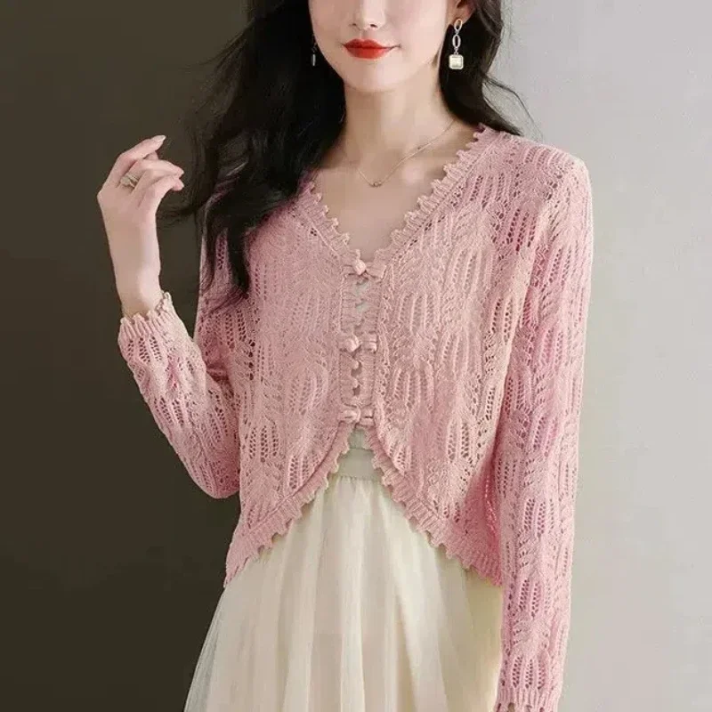 

Summer Thin Hollowed Out Thin Knitted Sweater with Shawl Design for Women, Niche V-neck Suspender Top and Cardigan