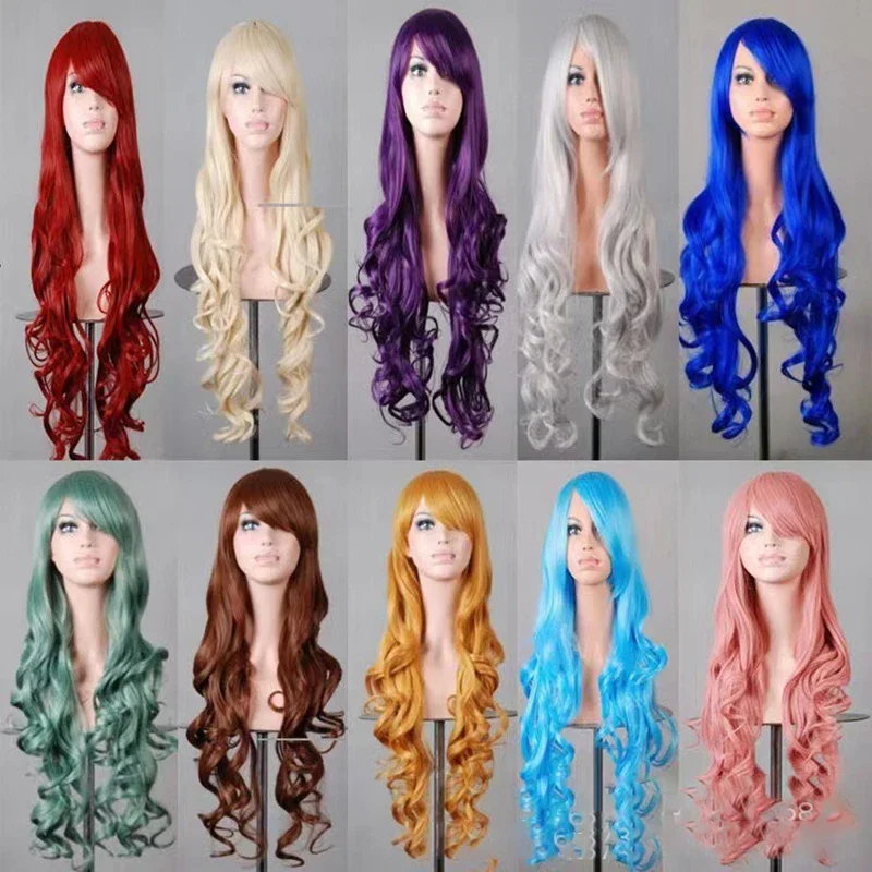 Wig Cosplay Anime Warna-warni Rambut Manusia Panjang Keriting Bergelombang Gaya Euramerika untuk Wanita, Wig Rambut Sutra Tahan Panas untuk Pemakaian Sehari-hari