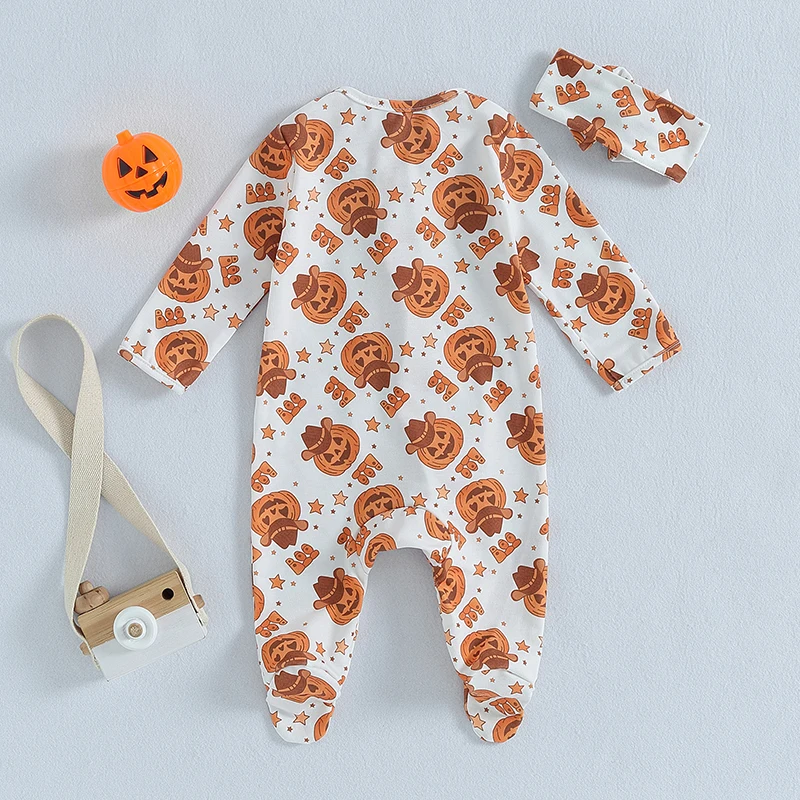 

Infant Girls Spooky Halloween Romper Set with Ghost Print Long Sleeves and Matching Headband for a Boo-tiful Look