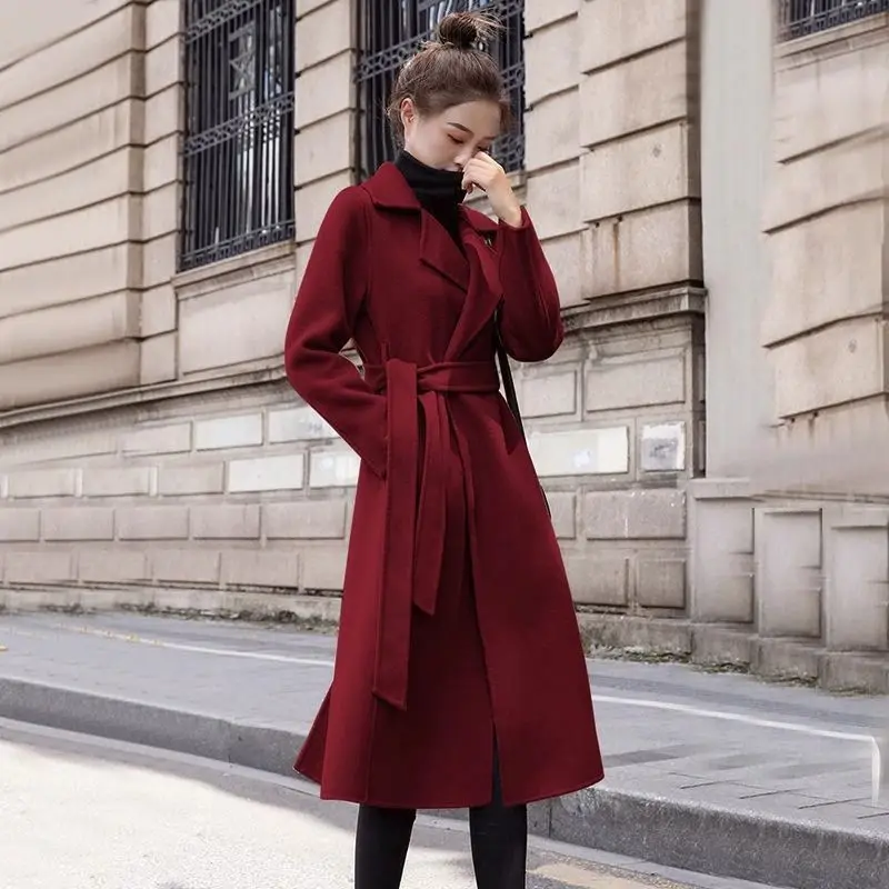 Autumn Winter Fashion Turn-down Collar Long Sleeve Solid Trench Women's Clothing Lacing Medium Long Styles Whisper High-end Tops
