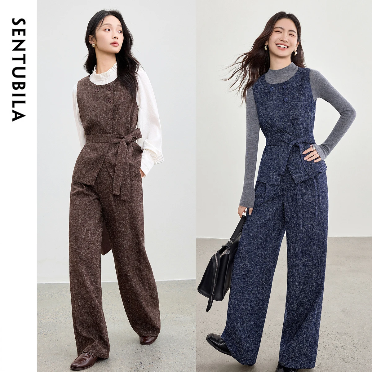 SENTUBILA Women's Tweed Pant Sets O-Neck Round-Neck Vest Elastic-Waist Straight-Leg Trousers 2026 Autumn Two-piece Set 153ZA2726