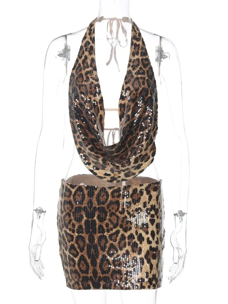 

Women Sexy Sequins Leopard Print 2 Piece Set Swinging V-neck Lace Up Halter Backless Tanks Crop Top + Mini Skirts Party Clubwear