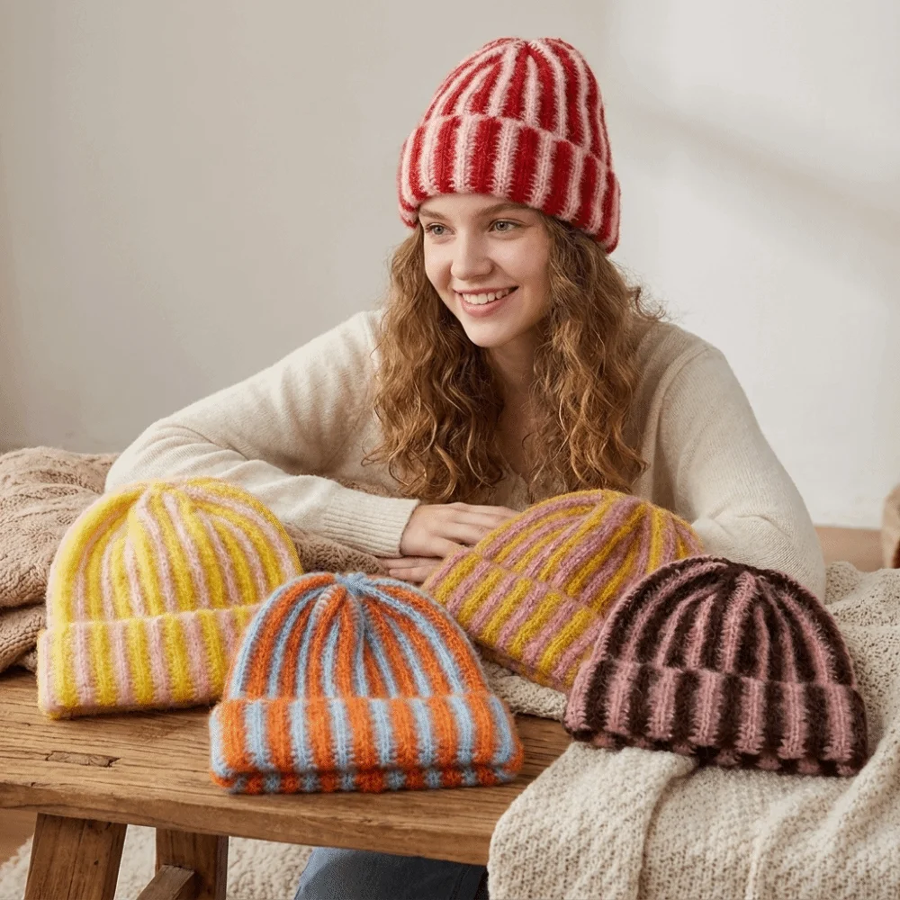 Fold-Up Color Blocked Striped Beanie Hat Thick Windproof Ribbed Knit Cap Thermal Soft Warm Hat Autumn Winter