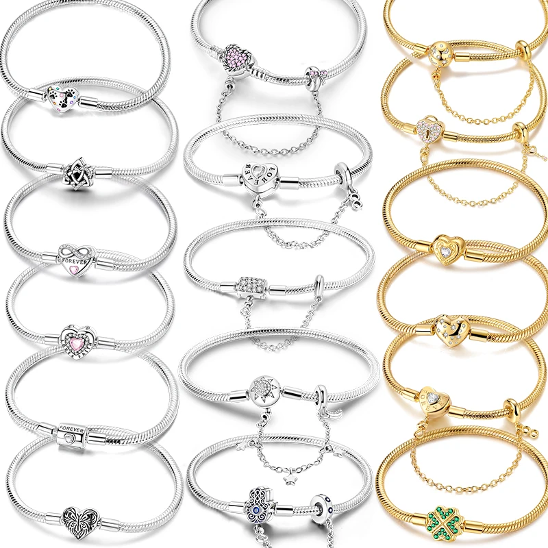 925 argent chaîne Bracelet pour femme ajustement breloques perles bricolage couleur or coeur serpent chaîne Bracelet à breloques bijoux de mode