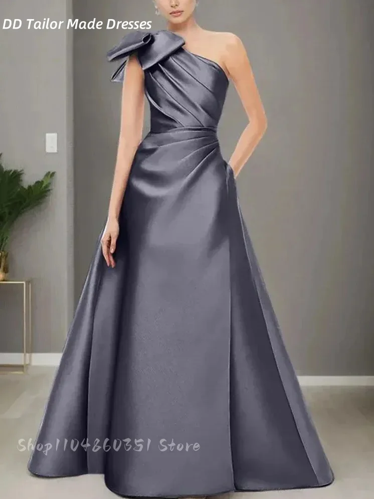 Элегантные длинные платья для матери невесты на одно плечо с карманами и бантом, простые синие атласные платья для гостей свадьбы по индивидуальному заказу