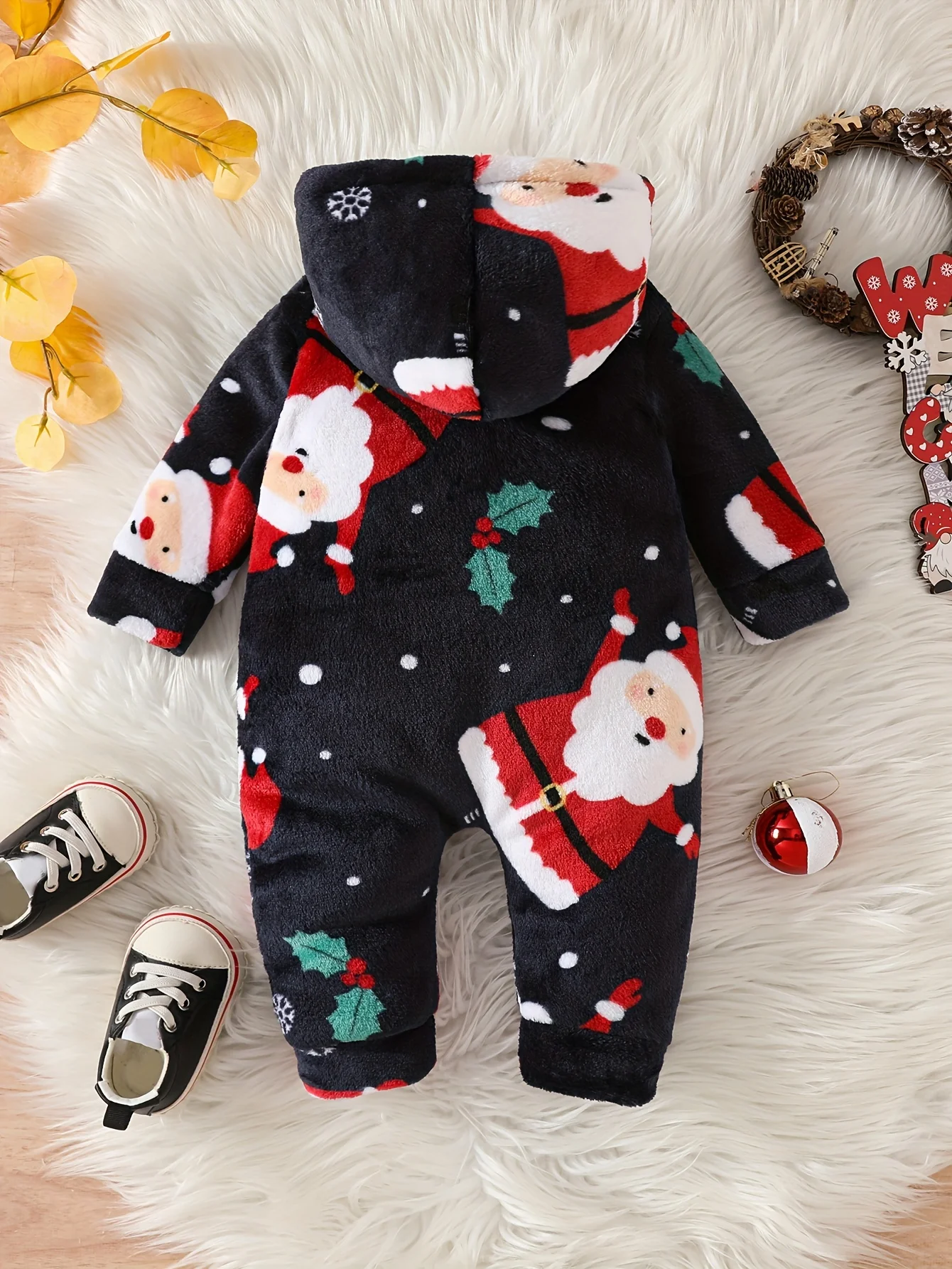 Baby 0-2 years old Autumn/Winter Christmas Cute Snowflake Santa cartoon pattern hooded furry crawling suit