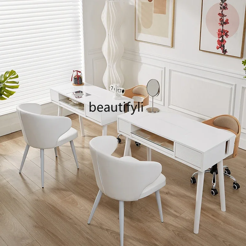 Black and white cream style manicure table, solid wood oak single and double with vacuum cleaner manicure table and chair set