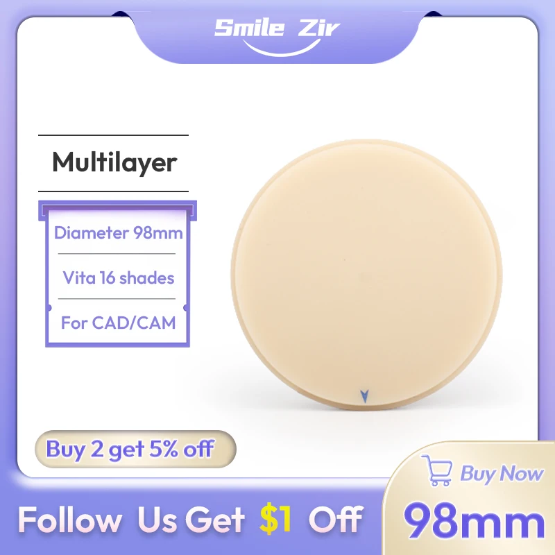 

smile_zir Dental Multilayer PMMA Blocks Disc for Dental Lab 98mm CAD/ CAM Open Milling System Resin Block Dentistry Materials