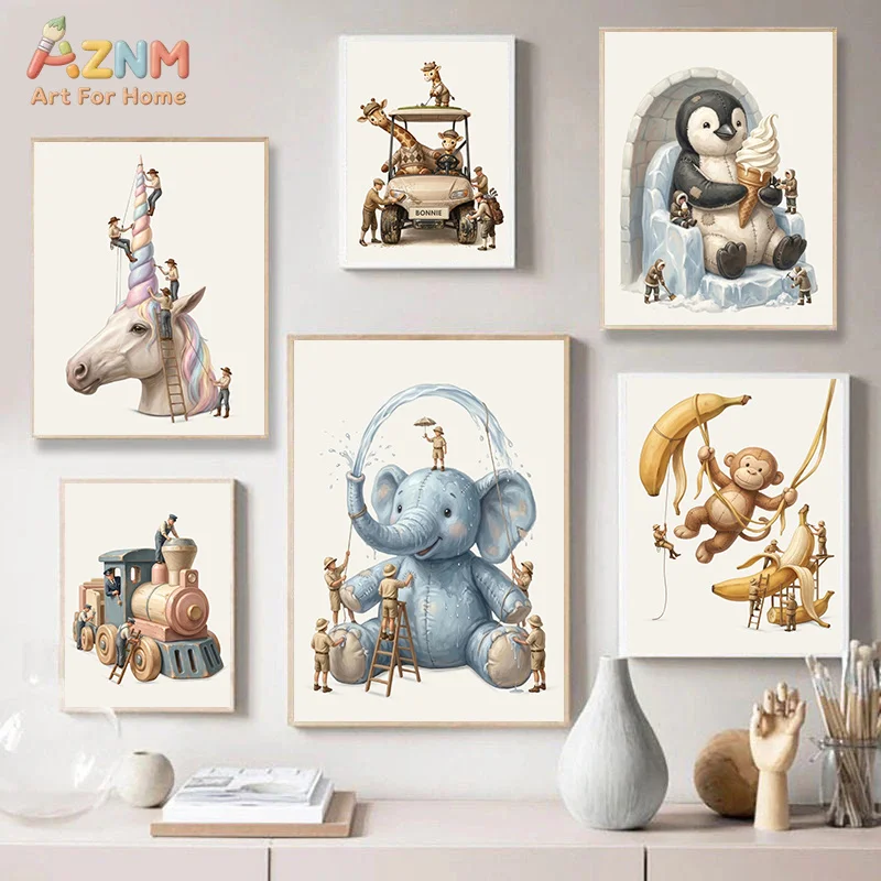 AZNM Whimsical Mini Workers Giant Animal Canvas Wall Art Print, Elephant Unicorn Penguin Giraffe Monkey Train Cute Cartoon Kids