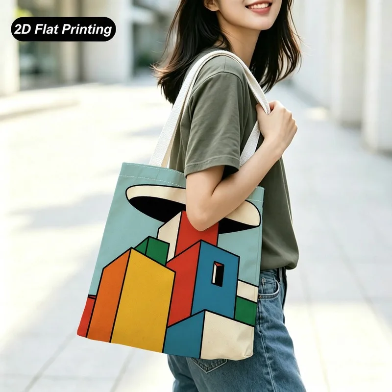 1PC【Tote Bag】2DFlat effect，Modern minimalist style geometric colorful architecture print tote bag，Lightweight and large capacity