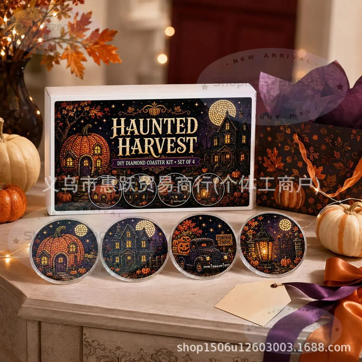 Halloween Craft Night Diamond Art Coaster Kit | 4Pcs Cute Ghost Halloween Diamond Painting Coasters, Spooky Halloween Craft Gift