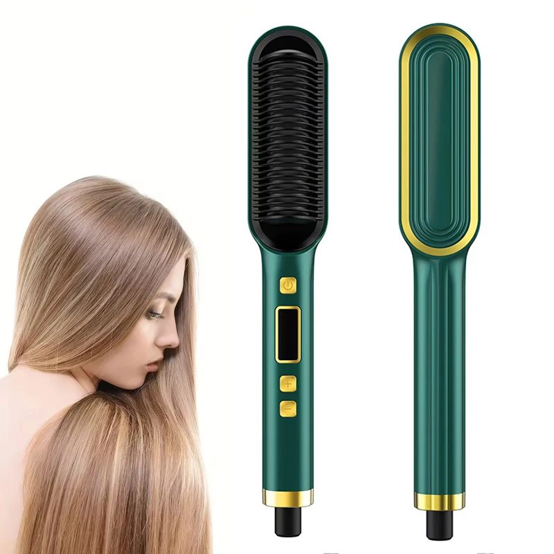 

Portable Hot Electric Hair Straightening Comb Hair Styling Tools Electric Hot Beard Straightener 2 in 1 Thermal Round Brush