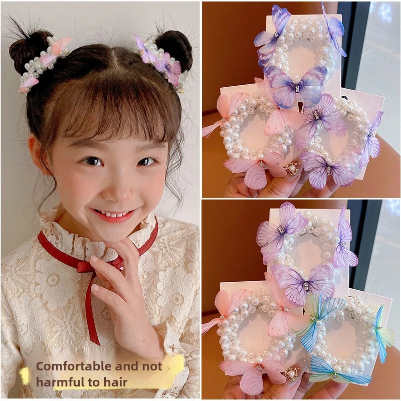 

Детские резинки для волос с бабочками, резинки для волос принцессы с жемчугом для девочек, эластичные резинки с хвостиком