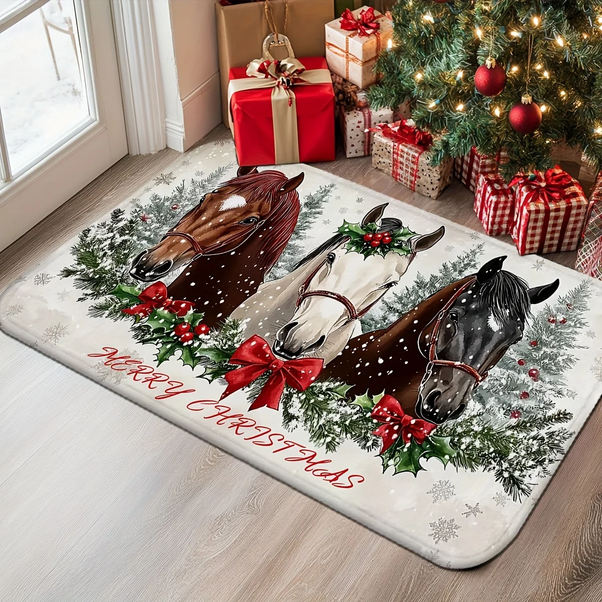 Christmas Holiday Floor Rug Horse Portrait Holly Berry Red Bow Snowflake Merry Christmas Slogan Decor Area Rug ForPorch Ornament
