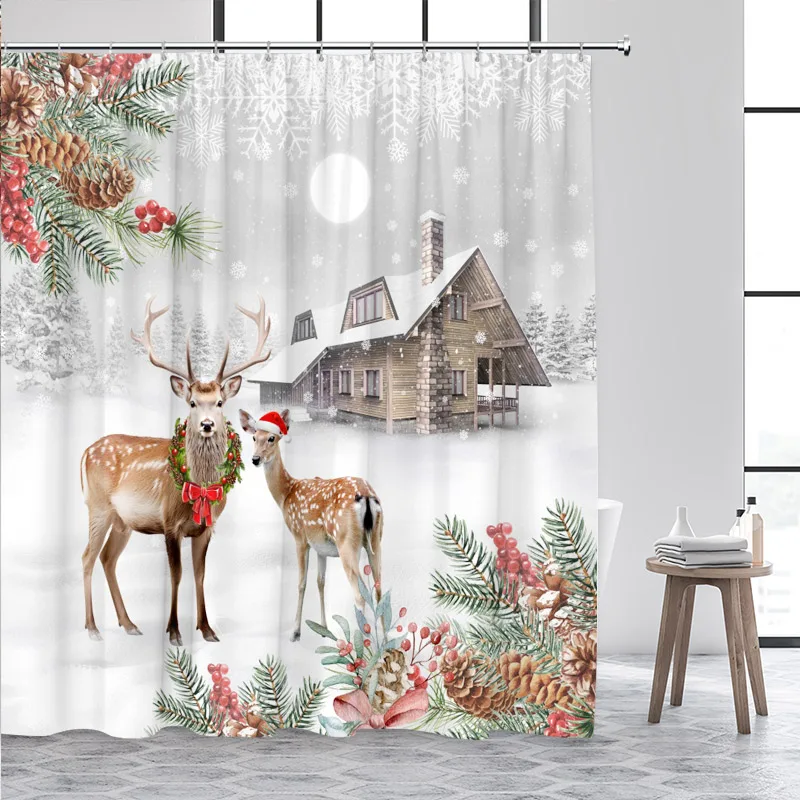 Christmas Elk Shower Curtain Farmhouse Pine Bough Deer Animal Cedar Winter Forest Landscape Bath Curtains Fabric Bathroom Decor