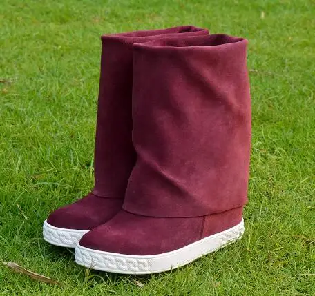

Purple Black Gray Burgundy Suede Genuine Leather Round Toe Two Ways Wear Fold Wedges Mid-calf Boots Slip On Long Boots Shoes