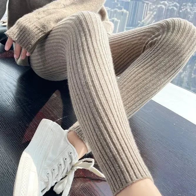 Slim Leggings Autumn Women High Waist Casual Trousers Knitted Ribbed Thicken Solid Elasticity Thermal Ankle-Length Leggins