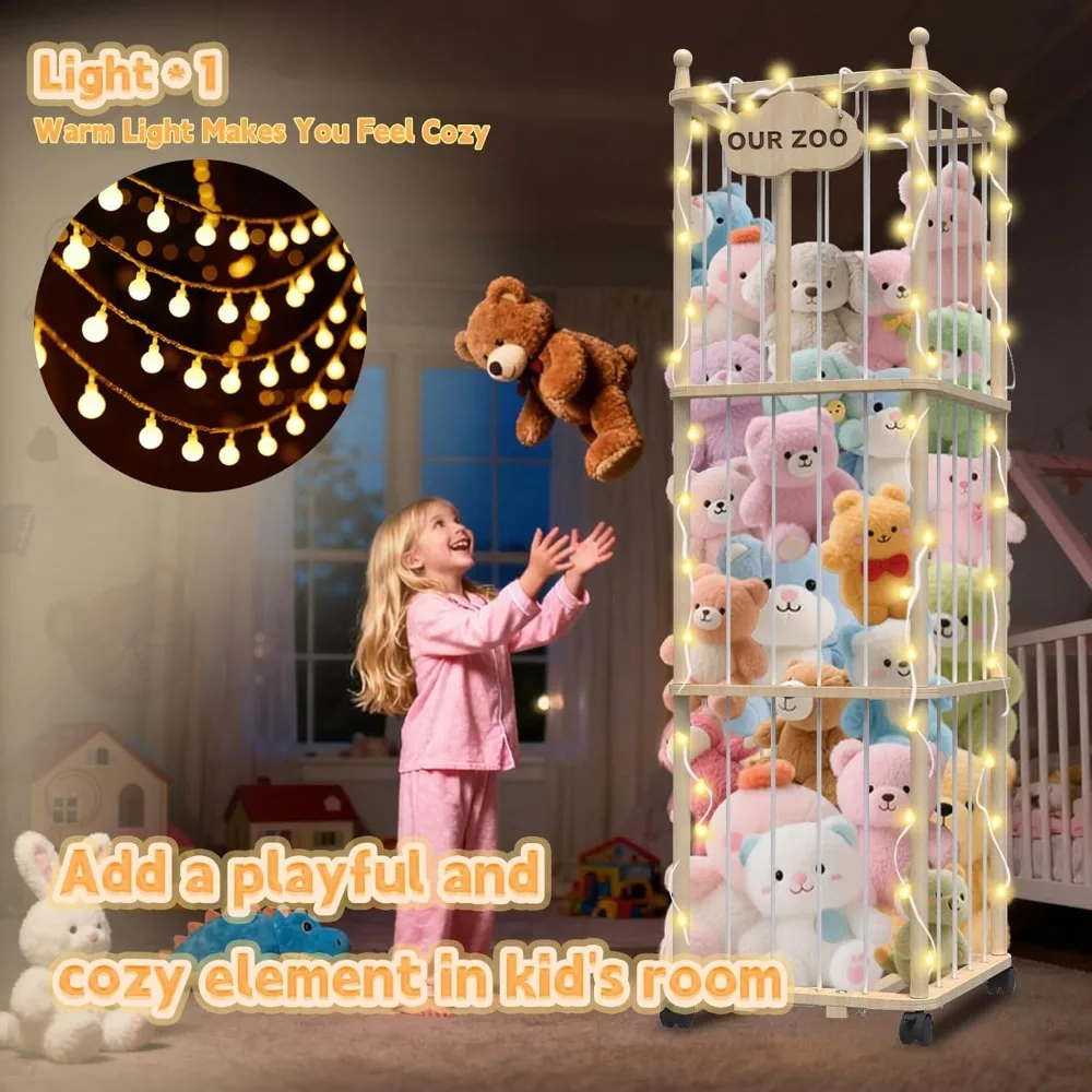 Large Wooden Plush Toy Storage Rack with Elastic Bands and Brake Wheels