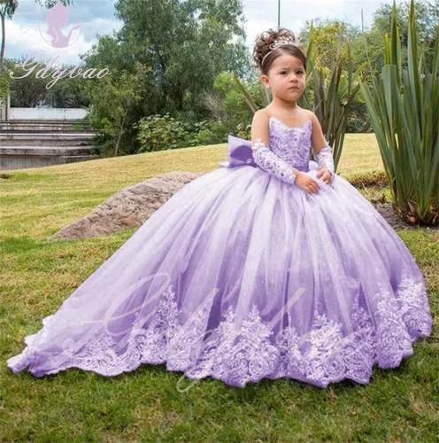 Imagen 2 del producto Vestido rosa de tul con flores para niña, vestido de boda de manga larga con apliques hinchados hasta el suelo, vestido de primera comunión de cumpleaños para niños de princesa