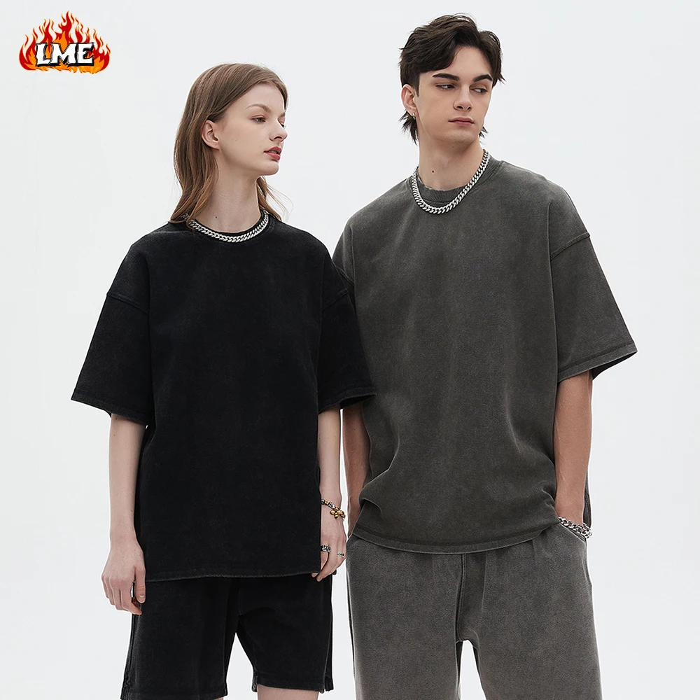 

LME Summer Fashion Pique Cotton 400GSM Heavyweight Vintage Batik Acid Wash Round Neck Oversized Drop Shoulder T-shirt For Men