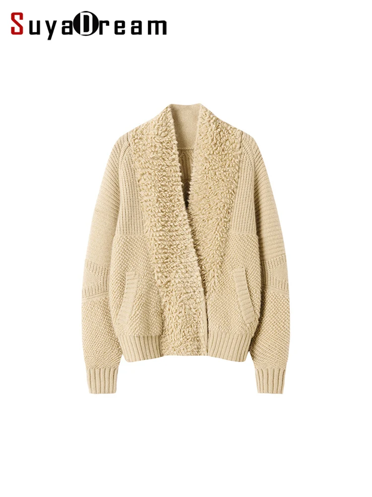 

SuyaDream, Woman Cardigan, 51.9%Sheep Wool, V Neck Chic Sweaters, 2024 Fall Winter Jackets, White, Khaki