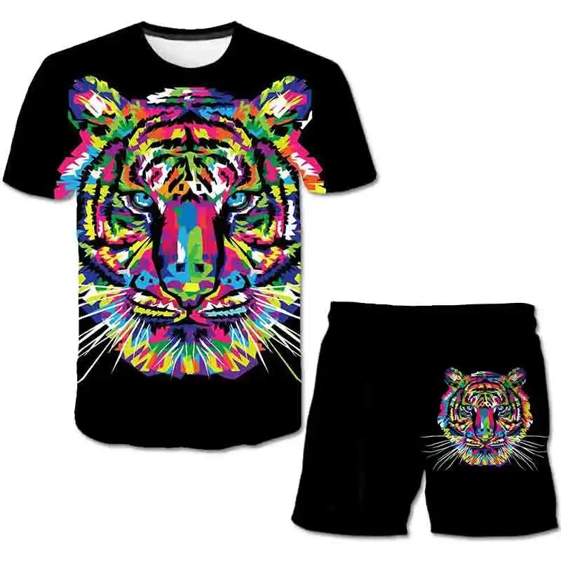 

2025 3D Lion Print Men's Set Fashion Round Neck T-shirt Shorts Set Daily Leisure Outdoor Sports Two Piece Set