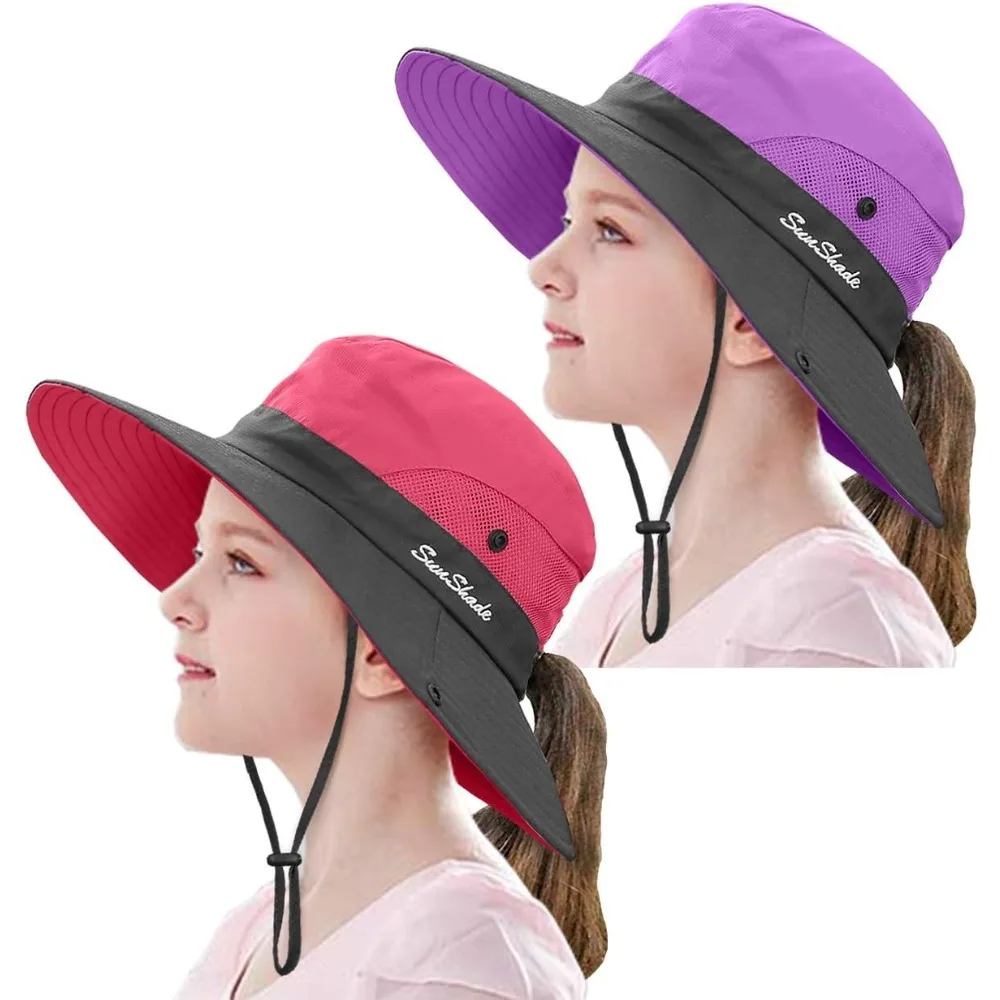 

2 Pieces 5-14Y Kids Summer Sun Hat Wide Brim UV Protection for Girls Ponytail Beach Bucket Cap