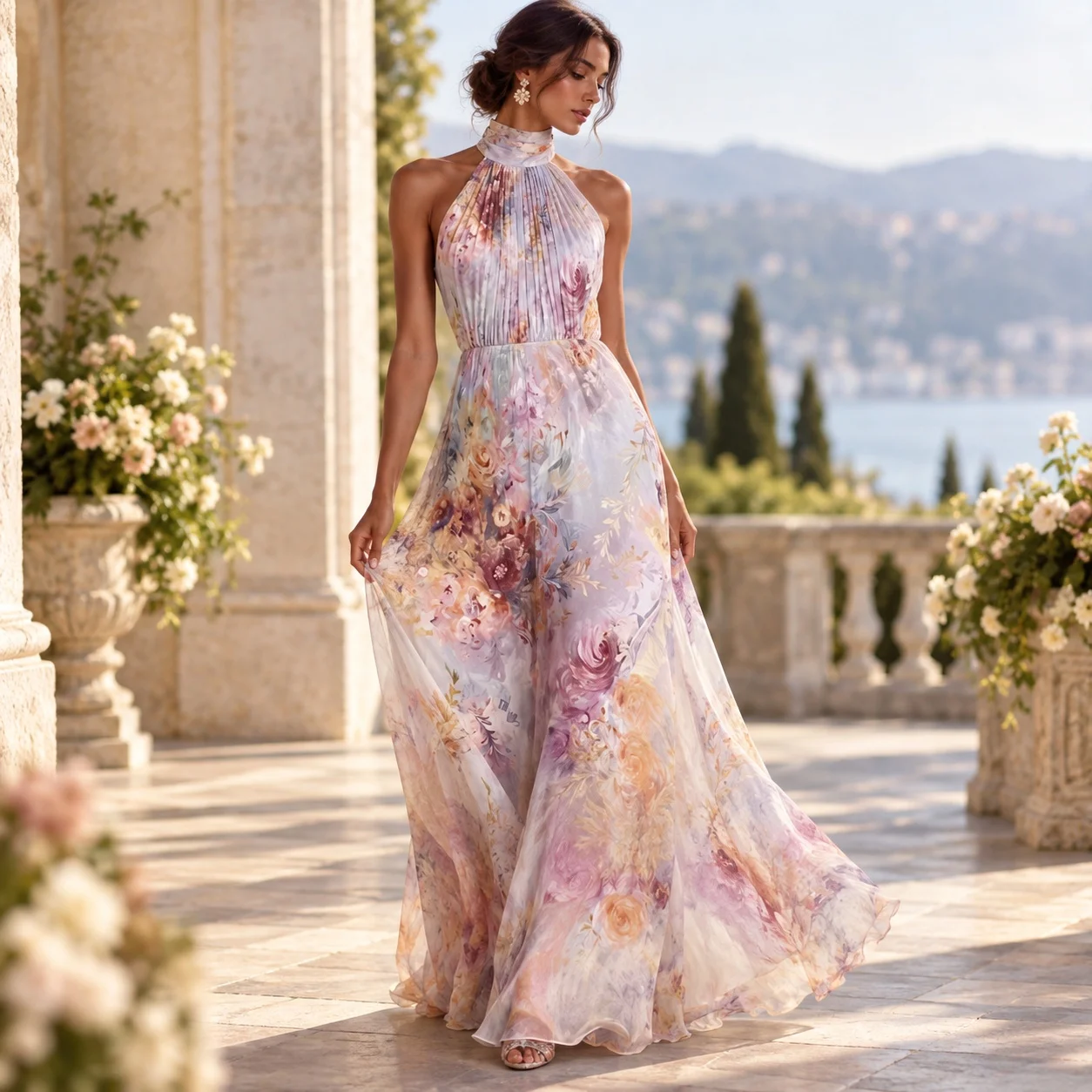 Printed Sleeveless Gown Slim Fit Sweet and Fresh with Halter Neck High Waist Ruched American and European Style Spring for Women