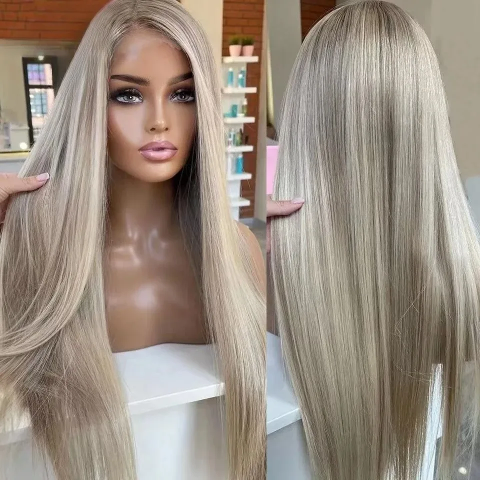 

Invisible Transparent Lace Ombre Platinum Blonde Wig with Dark Roots Party Lace Front Wig Synthetic And Blend 13x4 HD For Women