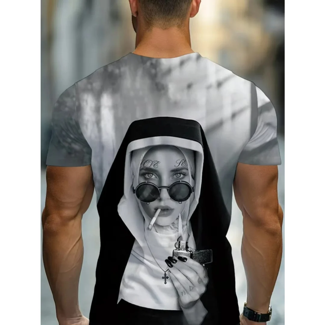 Kaos Sunglasses Rock Nun 3D Printing Musim Panas Olahraga Santai Cepat Kering Kaos Pria Pakaian Anak-anak Tee Y2k Wanita