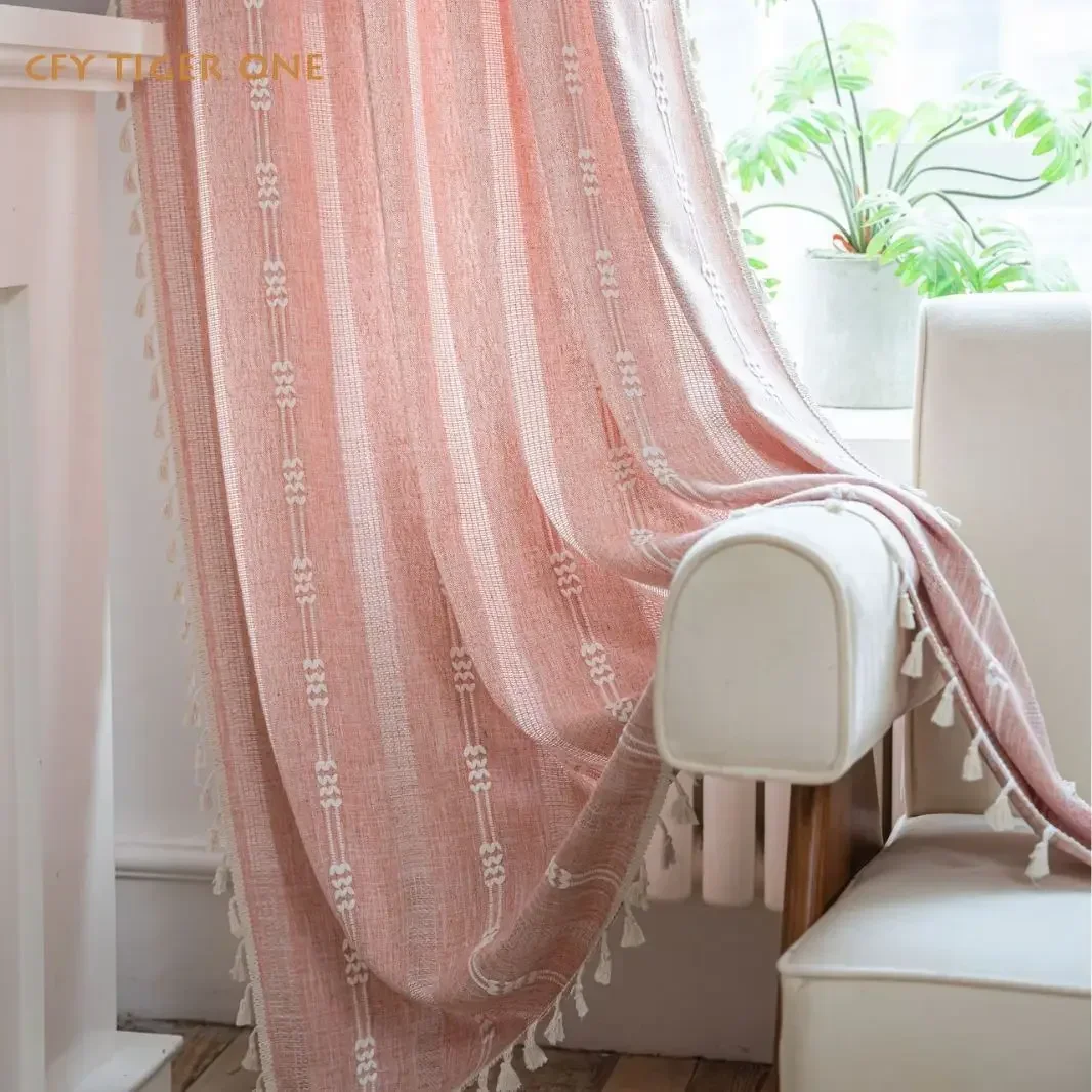 

Cotton Linen Pink Hollow Out Striped Window Curtain Semi-shading Drapes for Living Room Thickening Bedroom Kitchen Door Drapes