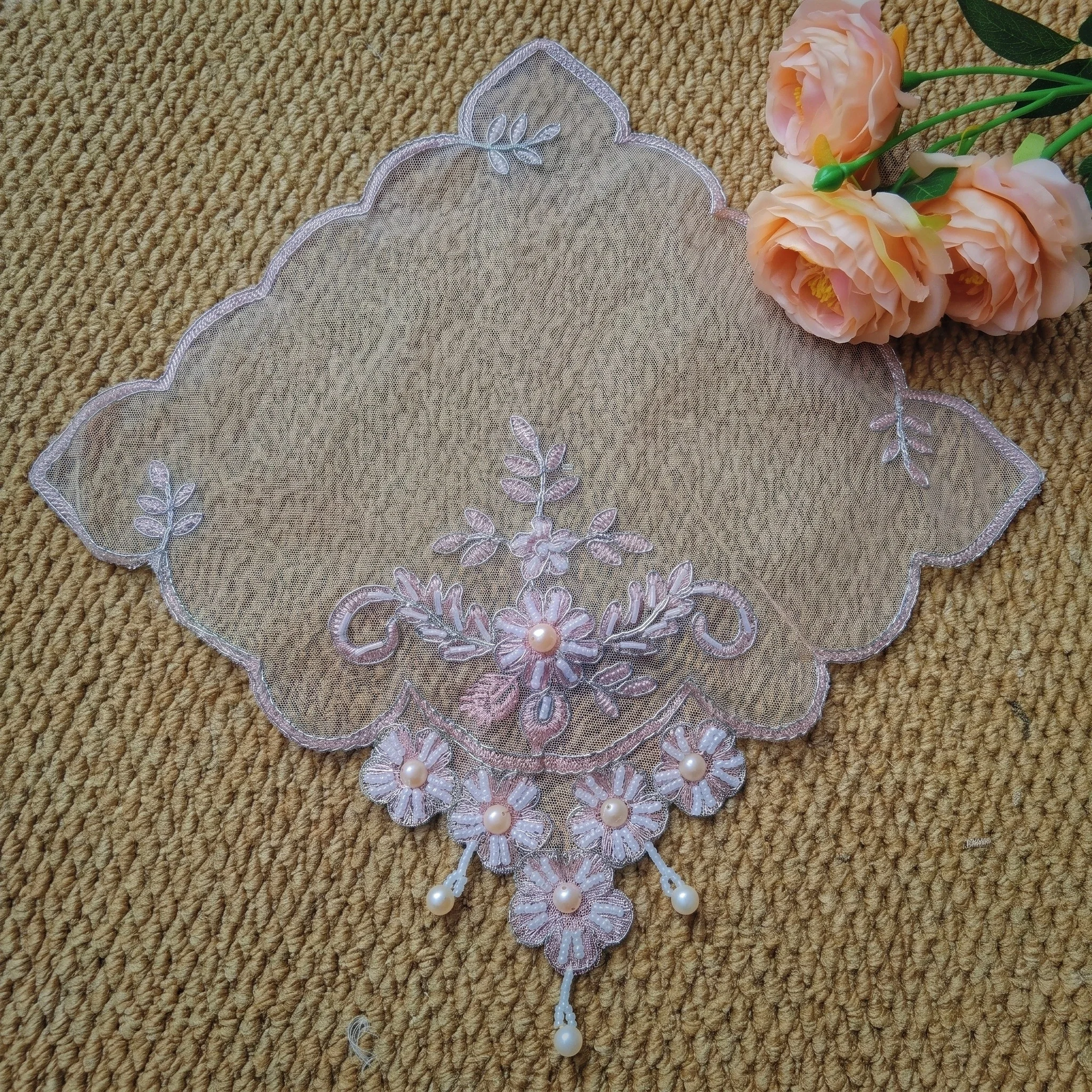 Set Of 8 Pink Lace Placemats Handmade Coaster Set Wedding Beaded Table Mats Vintage Photography Background Cloths - view 5