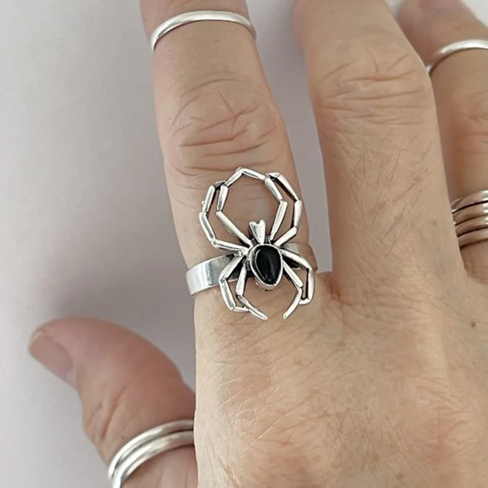 

1pc Vintage Spider Insect Geometry Hollow Out Gothic Alloy Silver Color Black Color Ring Woman Men Party Prom Six-Ten Size