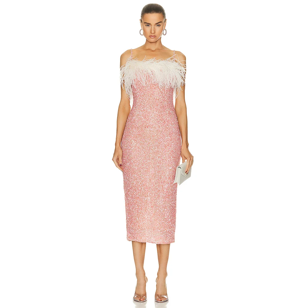 

Women New Sexy Feather Sequin Pink Breast Wrap Elegant Temperament Halter Dress Haute Couture Luxury Evening Gown Banquet Dress