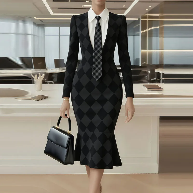 الخريف عادية كم طويل سليم فستان الحفلات أنيقة التلبيب طوق المرأة فستان طويل موضة شعرية طباعة التنقل فستان ذيل السمكة #3