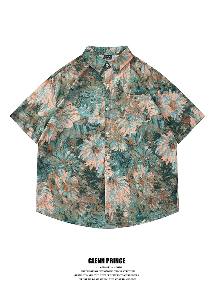 

GPstudio Men's Summer Short Sleeve Shirt Floral Oil Painting Print Beach Style Half Sleeve Casual Loose Fit Youth Fashion