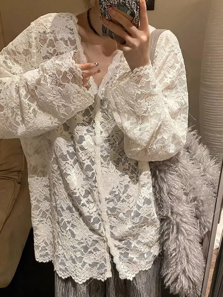 Chic Hollow Out Lace Jacket Women Bottom Shirt Summer Autumn Inner High End Layering Long Sleeve Shirt Sweet Spicy Tops V-neck