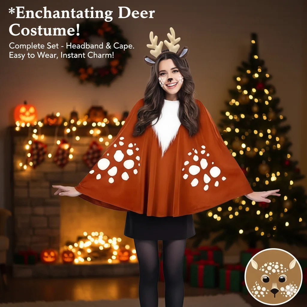 

Deer Cosplay Cape Antlers Headband Soft Brown Cloak With White Spots Faux Fur Front Accent Halloween Dress Up Themed Events