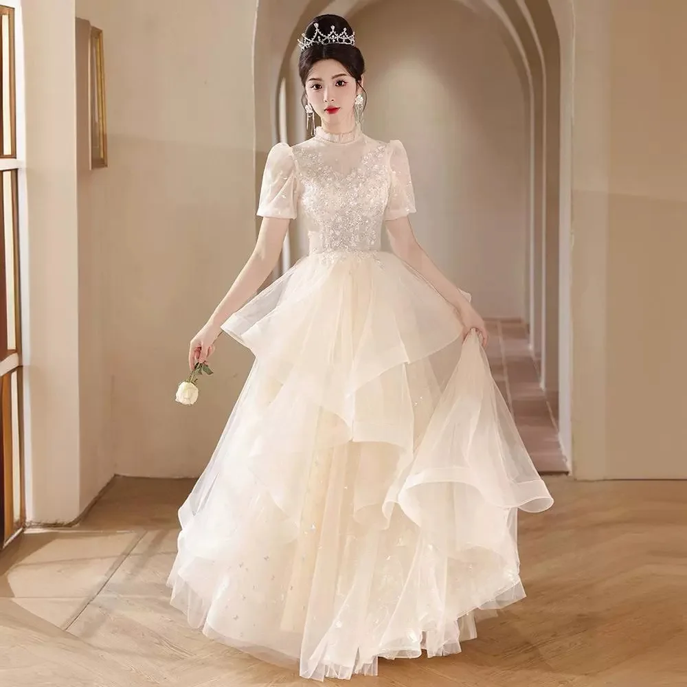 

Champagne Evening Dress Classic Applique Puff Sleeves Quinceanera Dresses Elegant Lace High Collar Tulle Birthday Party Gown