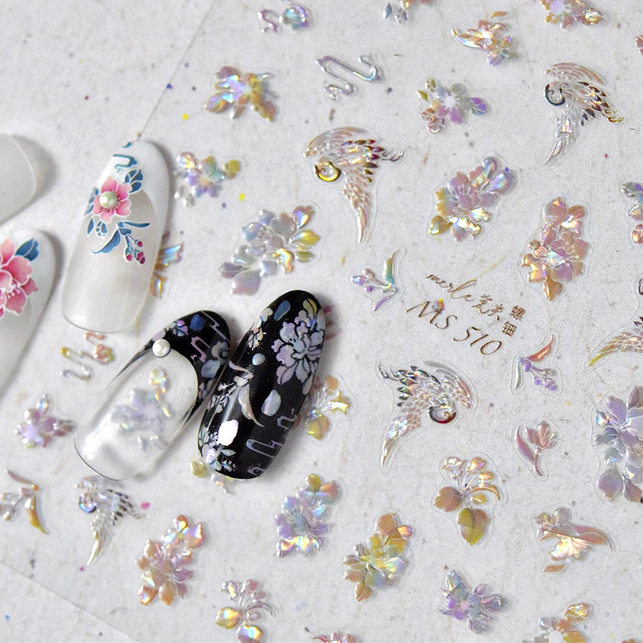 Błyszczący kwiat żuraw perłowy kryształ górski chiński szykowny feniks z miękkim reliefem wytłoczony 3D naklejka naklejane ozdoby do paznokci Manicure naklejka