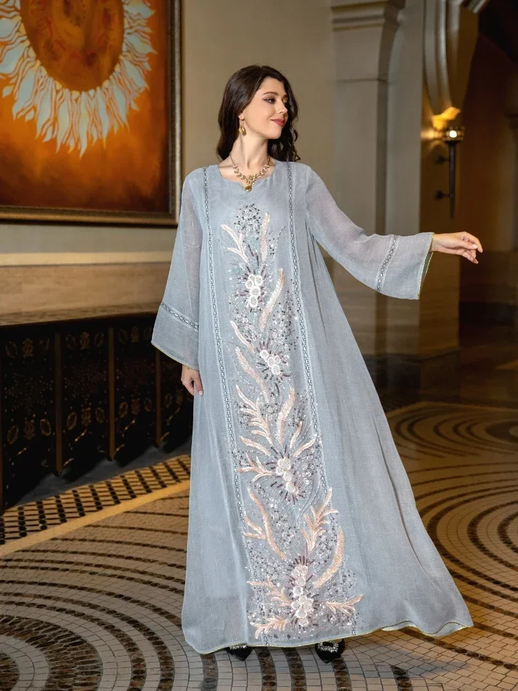 Eid Morocco Party Dress for Women Sequins Beading Mesh Abaya Morocco Kaftan Long Vestidos Ramadan Gown Dresses Saudi Arab Robe