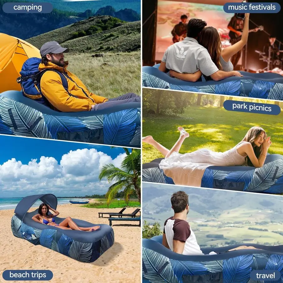 Lounger Air Sofa with Sun Shade Cover Waterproof Inflatable Couch Chair for Camping Beach Hiking Backyard, Easy to Set Up Inflat