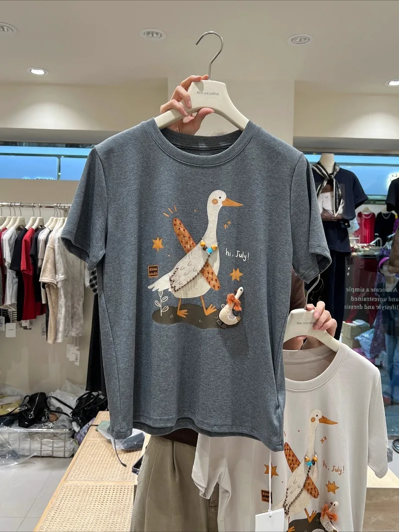 Fun Cute Cartoon Print Beaded Sweet Short Sleeved T-shirt Women's 2025 Autumn Comfortable Versatile Youthful Top Pullover Tees