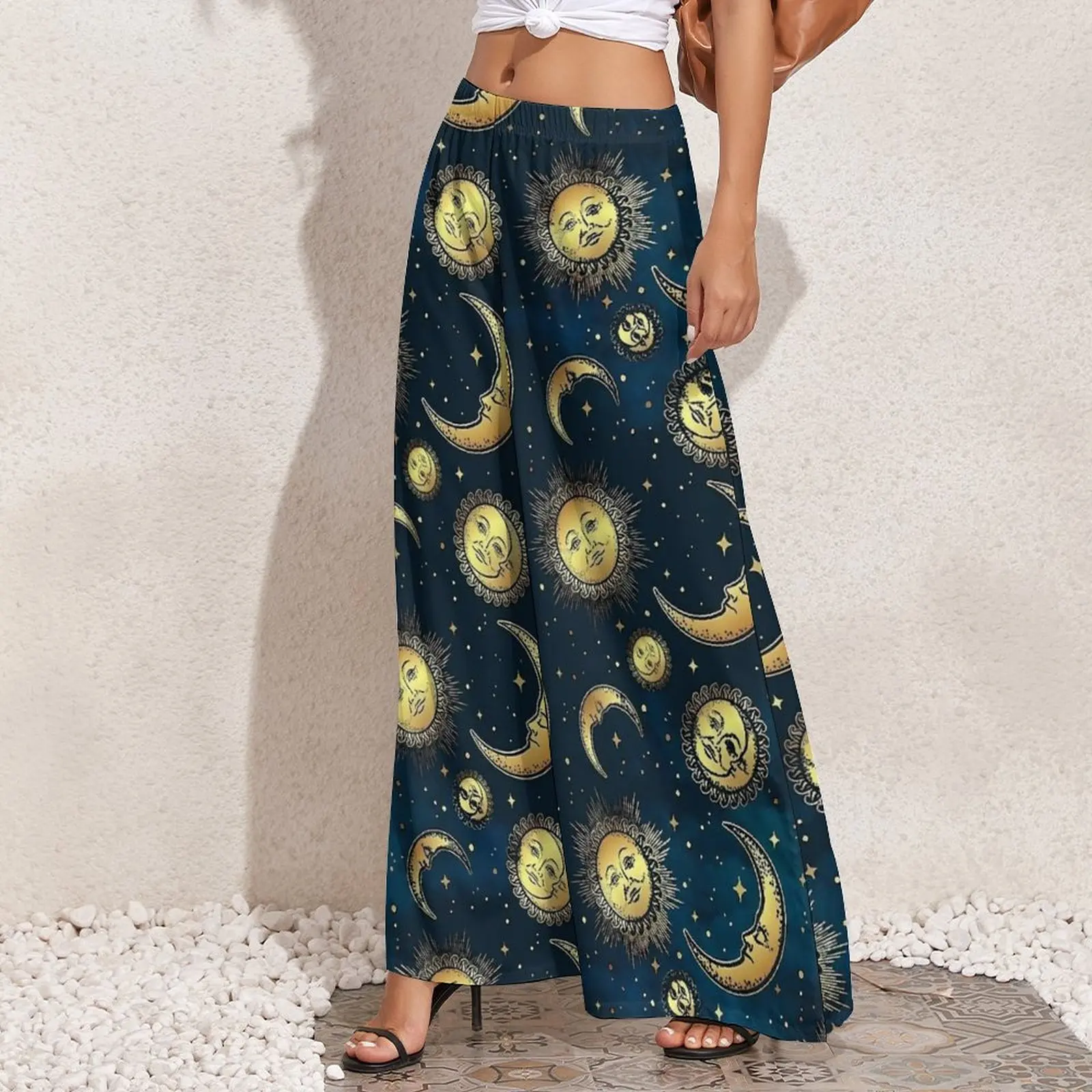 90s Celestial Sun And Moons Pants Female  Street Wear Trousers Elastic High Waist Casual Wide Pants Gift