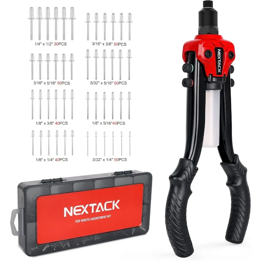 ヘビーデューティー両手式1/4ポップリベットガンキットNT300、350個の各種リベットと5個のノーズピース付き、内蔵シャフトコンテナ搭載