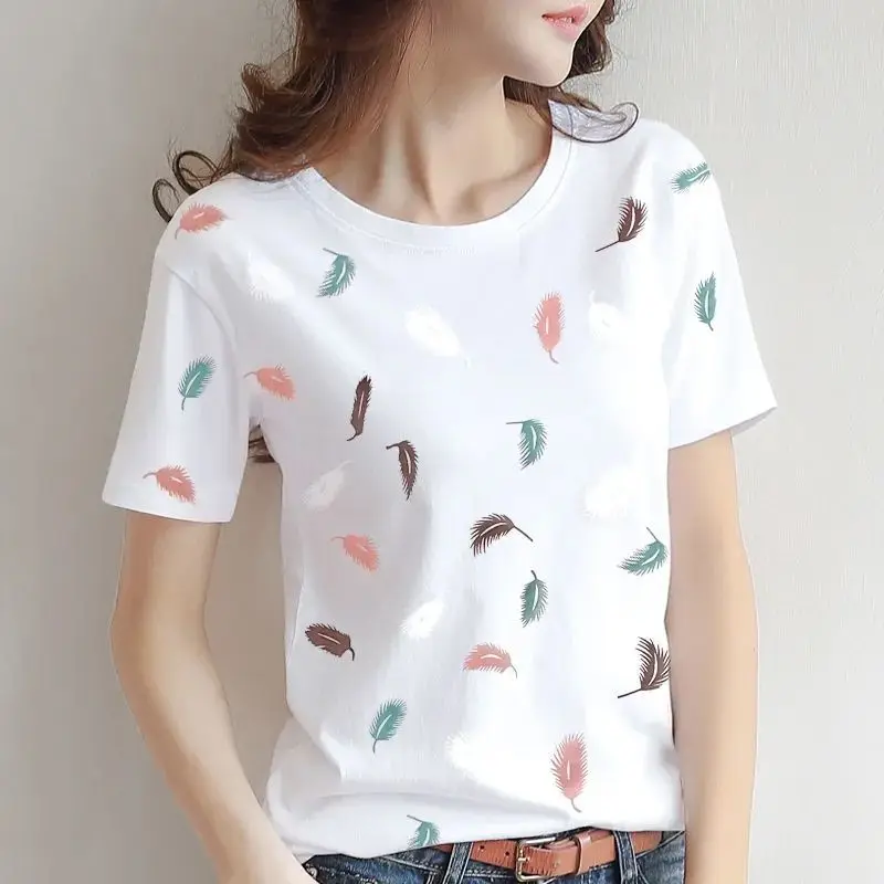 Short-sleeved Printed T-shirt Women\'s Summer 2024 New Korean-style All-match Loose Floral Half-sleeved Top Short-sleeved T-shirt